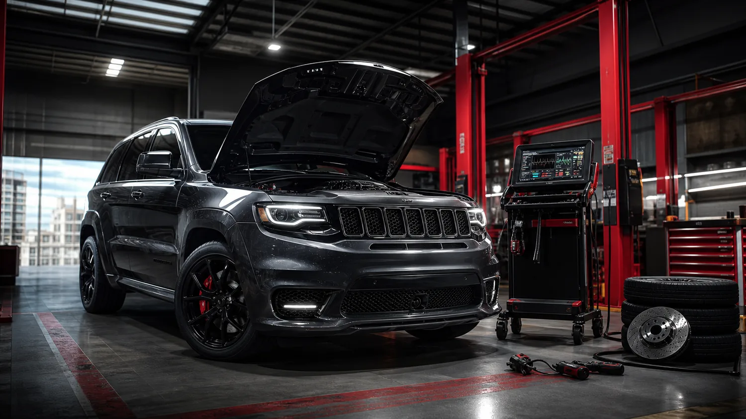 Jeep en taller con equipo de diagnóstico